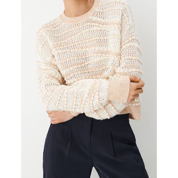 Anthropologie Cream & Tan Open Stitch Knit Pullover Crewneck Sweater Small - Picture 9 of 9